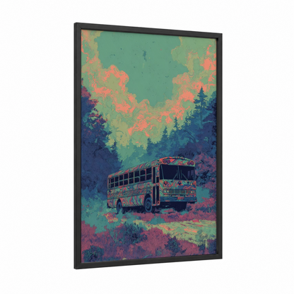 Psychedelic Forest Truck framed art print — black wood frame — teal and salmon pink palette