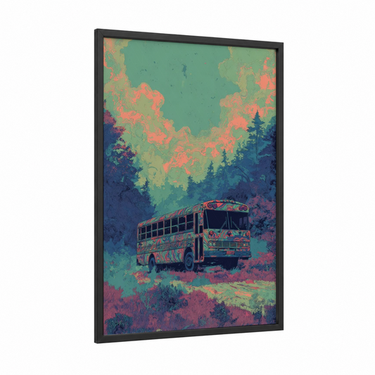 Psychedelic Forest Truck framed art print — black wood frame — teal and salmon pink palette