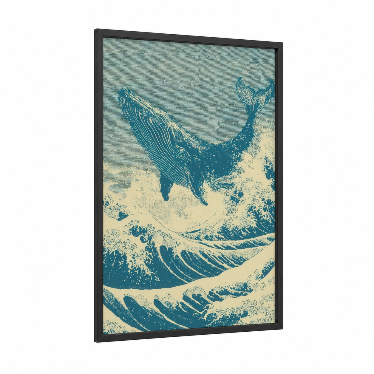 Ocean Wave Whale framed sperm whale print — black wood frame — teal and cream palette