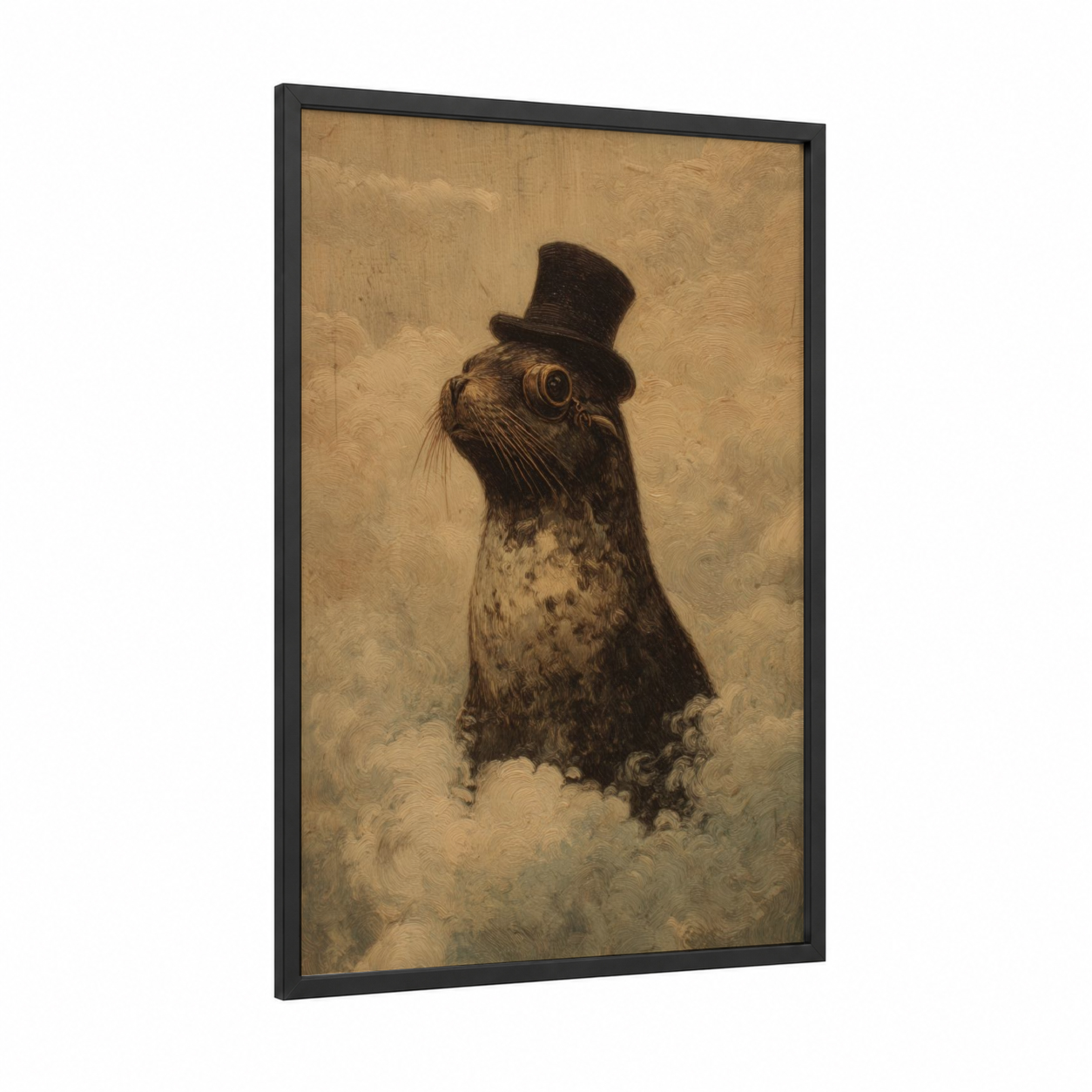 Dapper Sea Lion framed art print — black wood frame — brown and cream palette