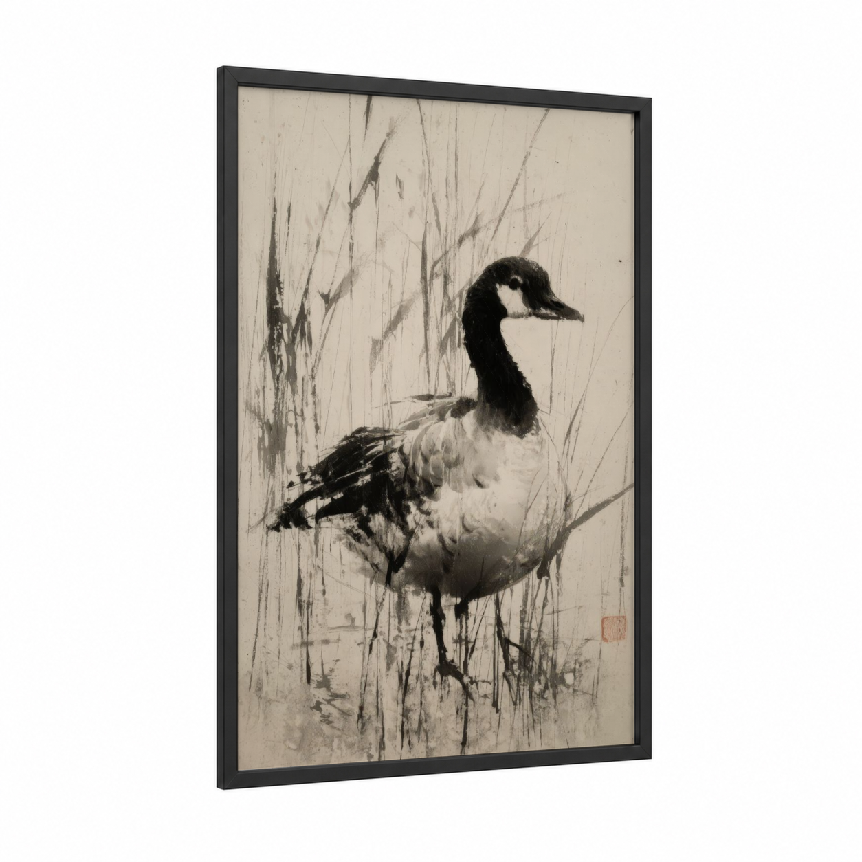Marsh Goose framed geese print — black wood frame — black and white and gray palette