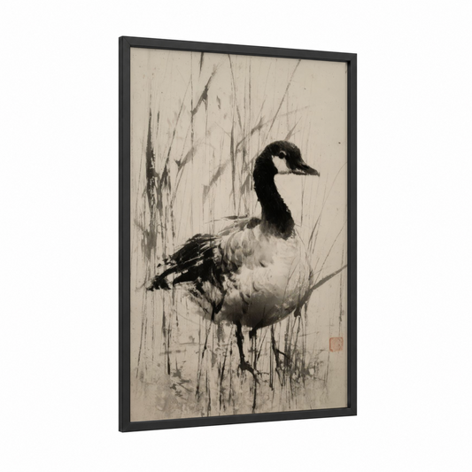 Marsh Goose framed geese print — black wood frame — black and white and gray palette