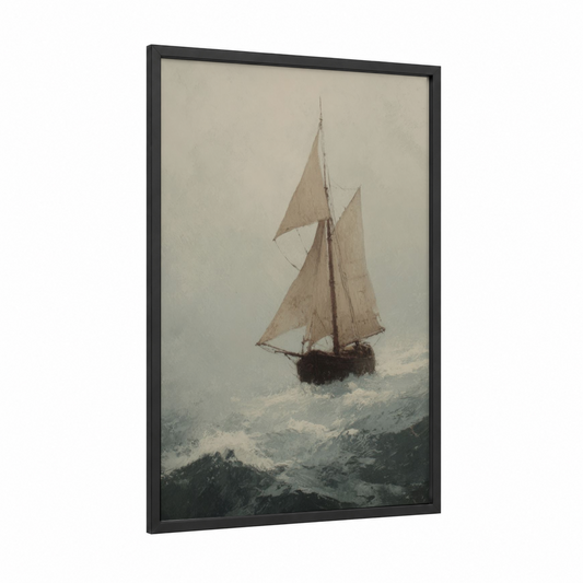 Stormy Sailing framed art print — black wood frame — gray and white and dove gray palette