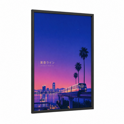 Retro Japanese Sunset Train Wall Art framed art print — black wood frame — purple and blue palette