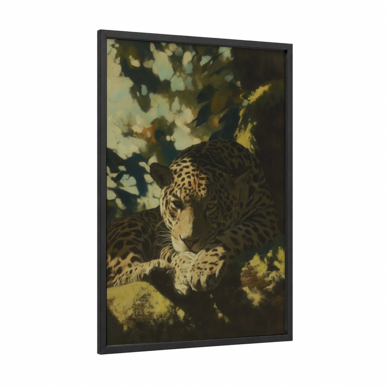 Dappled Jaguar framed art print — black wood frame — gold and olive palette