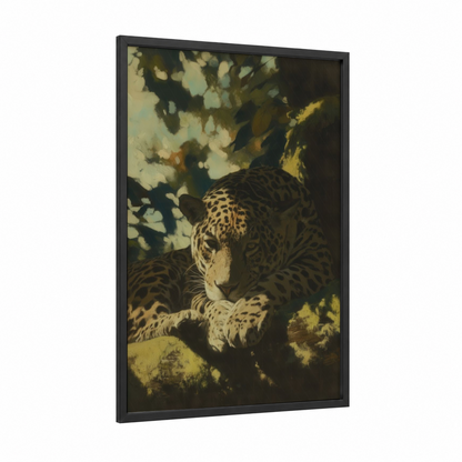 Dappled Jaguar framed art print — black wood frame — gold and olive palette