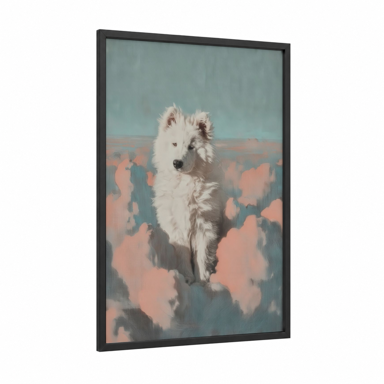 Ethereal Spitz framed art print — black wood frame — dove gray and salmon pink palette