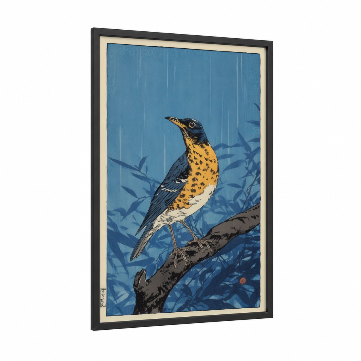 Golden Thrush framed art print — black wood frame — blue and yellow gold palette