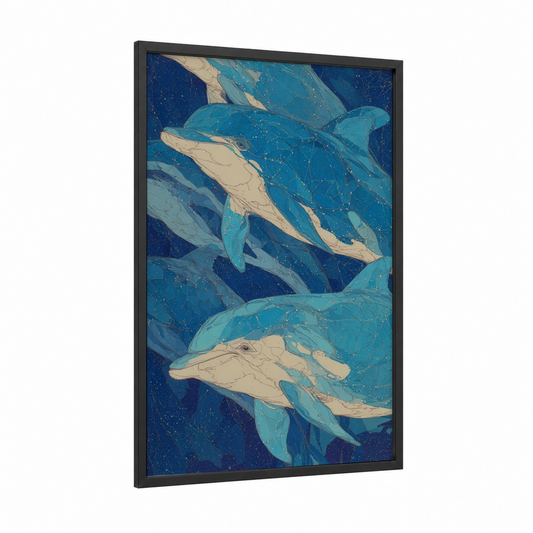 Constellation Dolphins framed art print — black wood frame — blue and gold palette