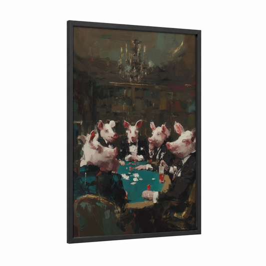High Stakes Pigs framed art print — black wood frame — teal and brown palette