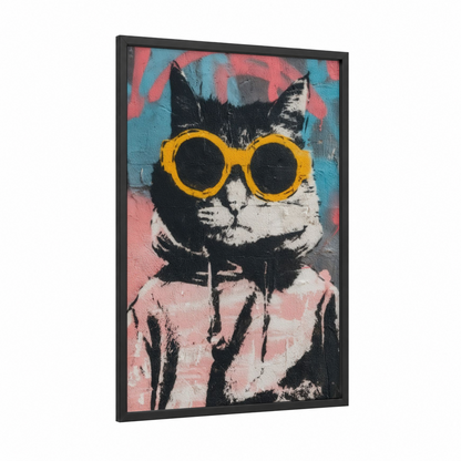 Cool Cat Vibes framed art print — black wood frame — blue and pink palette