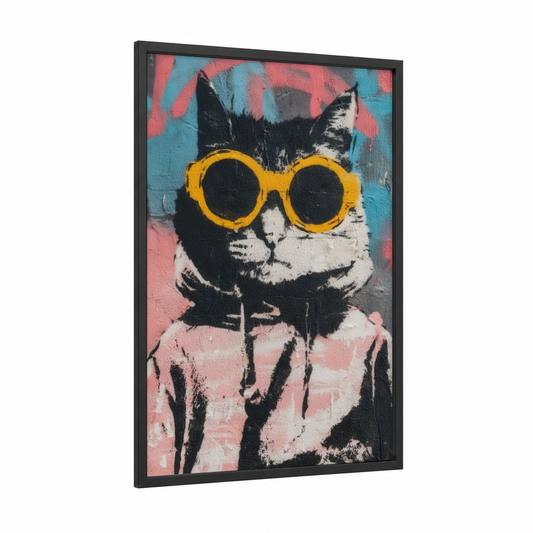Cool Cat Vibes framed art print — black wood frame — blue and pink palette