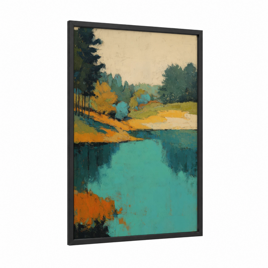 Turquoise Lake Retreat framed lakes print — black wood frame — turquoise and gold palette