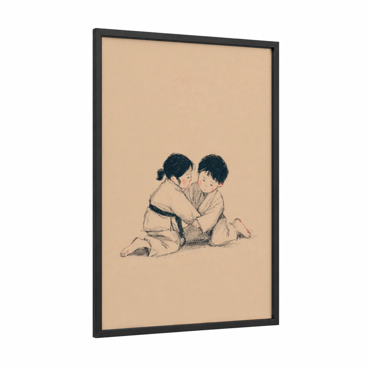 Young Judoka Pair framed art print — black wood frame — beige and black palette