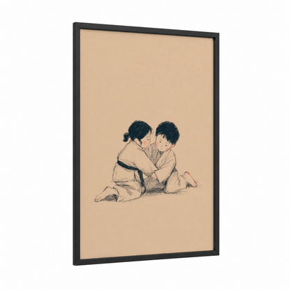 Young Judoka Pair framed art print — black wood frame — beige and black palette