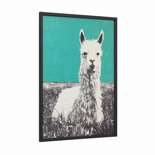 Turquoise Alpaca framed art print — black wood frame — turquoise and white palette