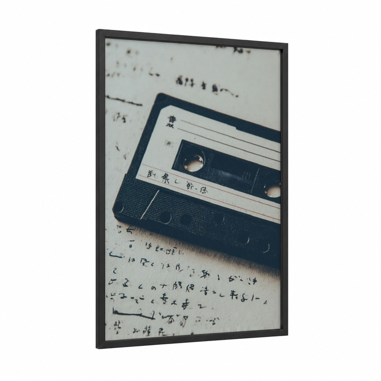 Vintage Cassette Memories framed casette print — black wood frame — black and white and dove gray palette