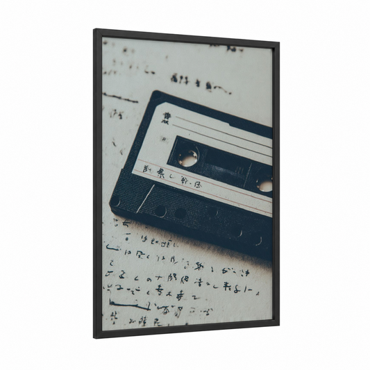 Vintage Cassette Memories framed casette print — black wood frame — black and white and dove gray palette