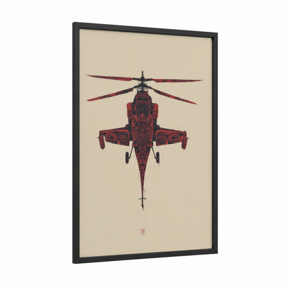 Crimson Helicopter framed art print — black wood frame — maroon and black palette
