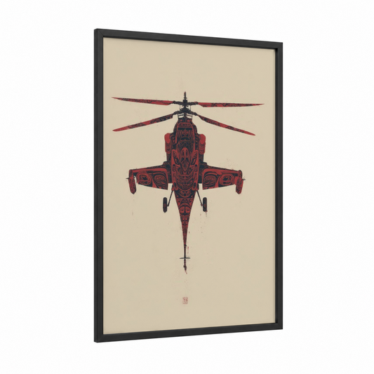 Crimson Helicopter framed art print — black wood frame — maroon and black palette