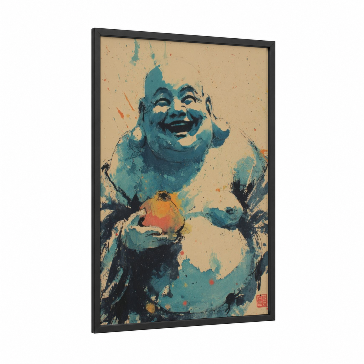 Laughing Buddha framed buddhism print — black wood frame — teal and gold palette
