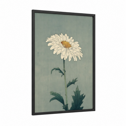 Cream Daisy framed art print — black wood frame — cream and sage green palette