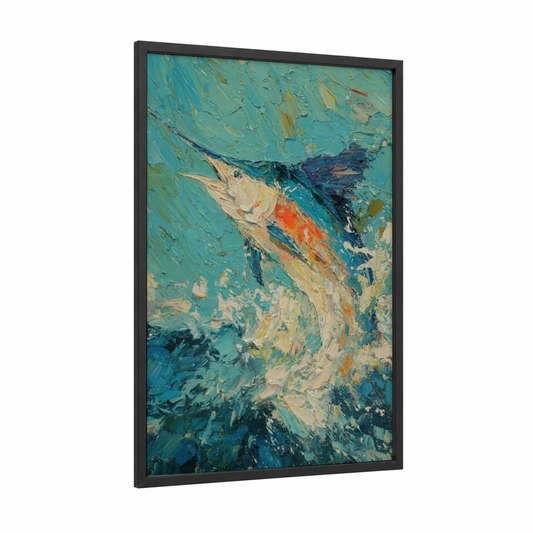 Dynamic Sailfish framed art print — black wood frame — turquoise and teal palette