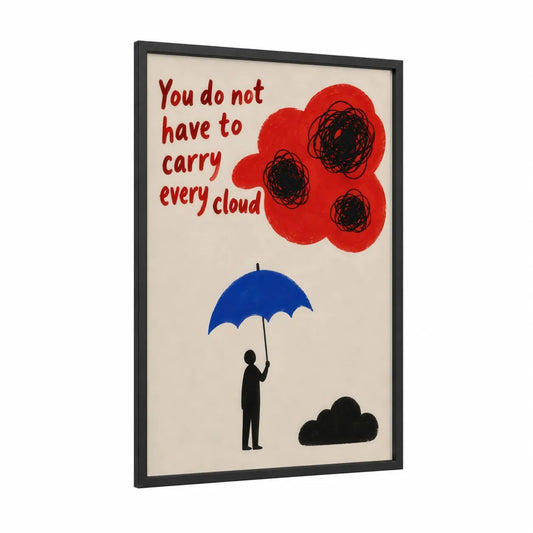 Umbrella Storm Motivational Quote Wall Art framed art print — black wood frame — red and blue palette