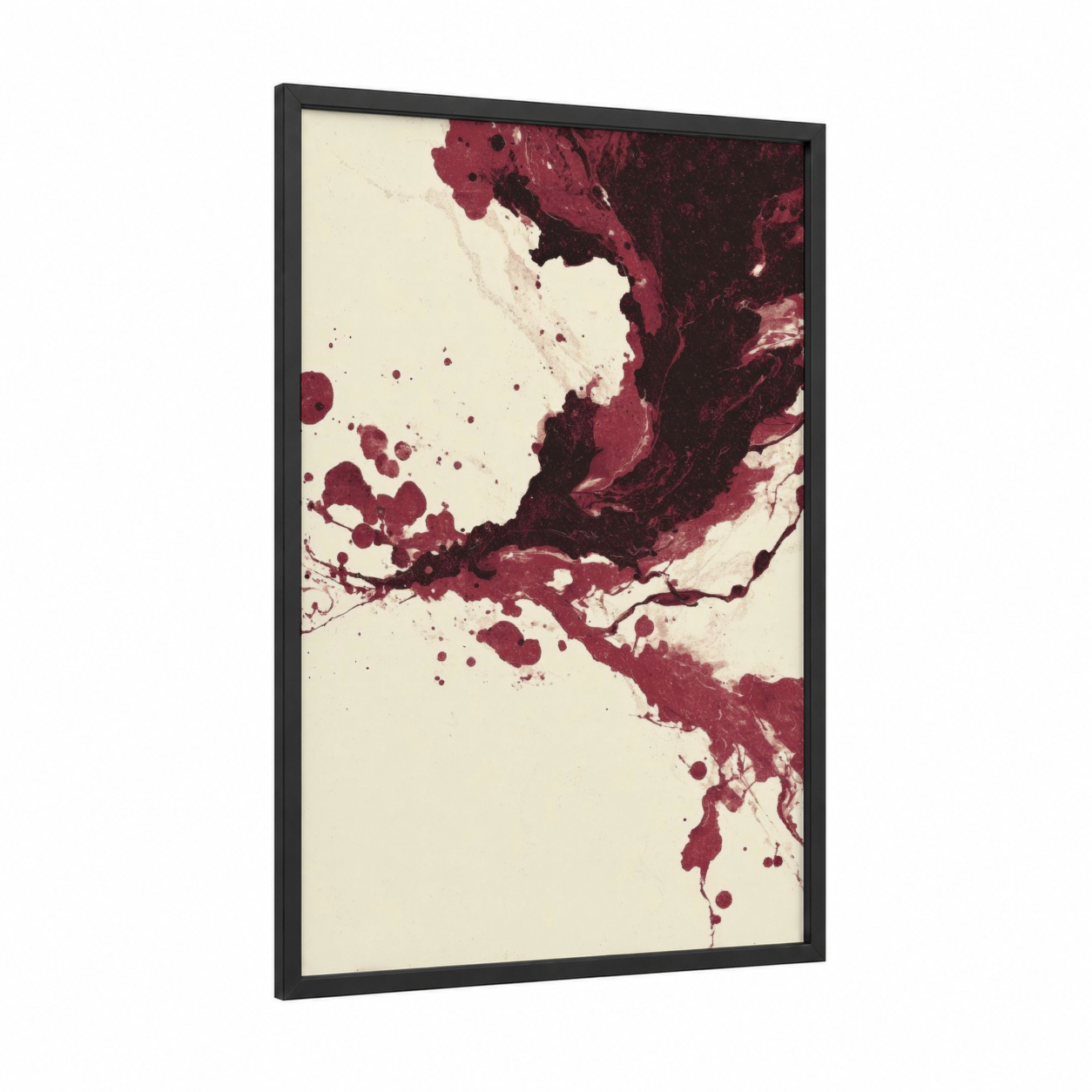Crimson Wine Splash framed red wine print — black wood frame — maroon and cream palette