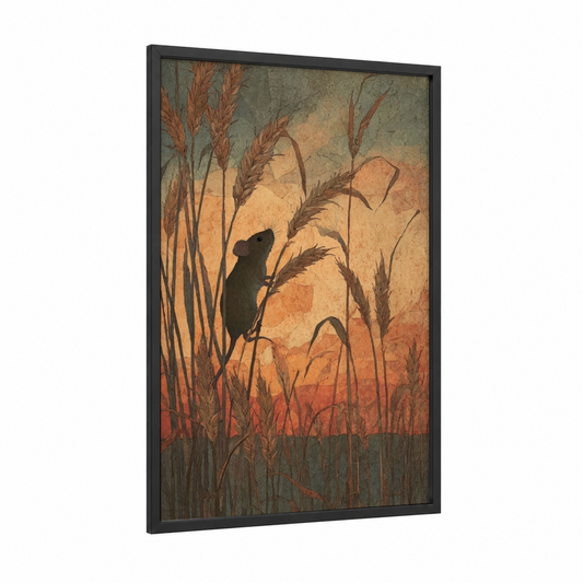 Harvest Mouse framed mice print — black wood frame — gold and russet palette