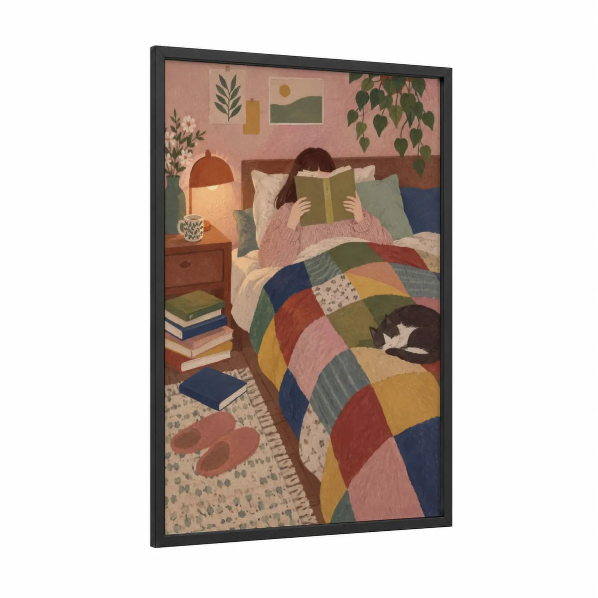Cozy Reading Bedroom With Cat Wall Art framed art print — black wood frame — peach and olive palette