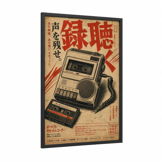 Vintage Japanese Cassette Recorder Wall Art framed casette print — black wood frame — beige and red palette