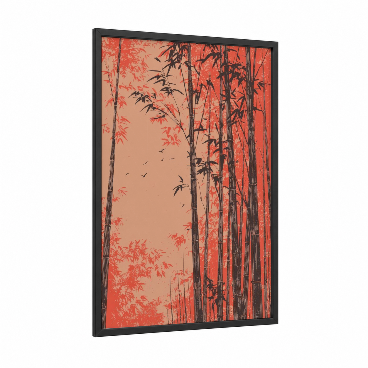 Crimson Bamboo Forest framed bamboo jungle print — black wood frame — orange and black palette