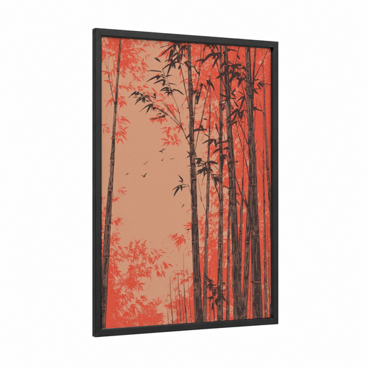 Crimson Bamboo Forest framed bamboo jungle print — black wood frame — orange and black palette