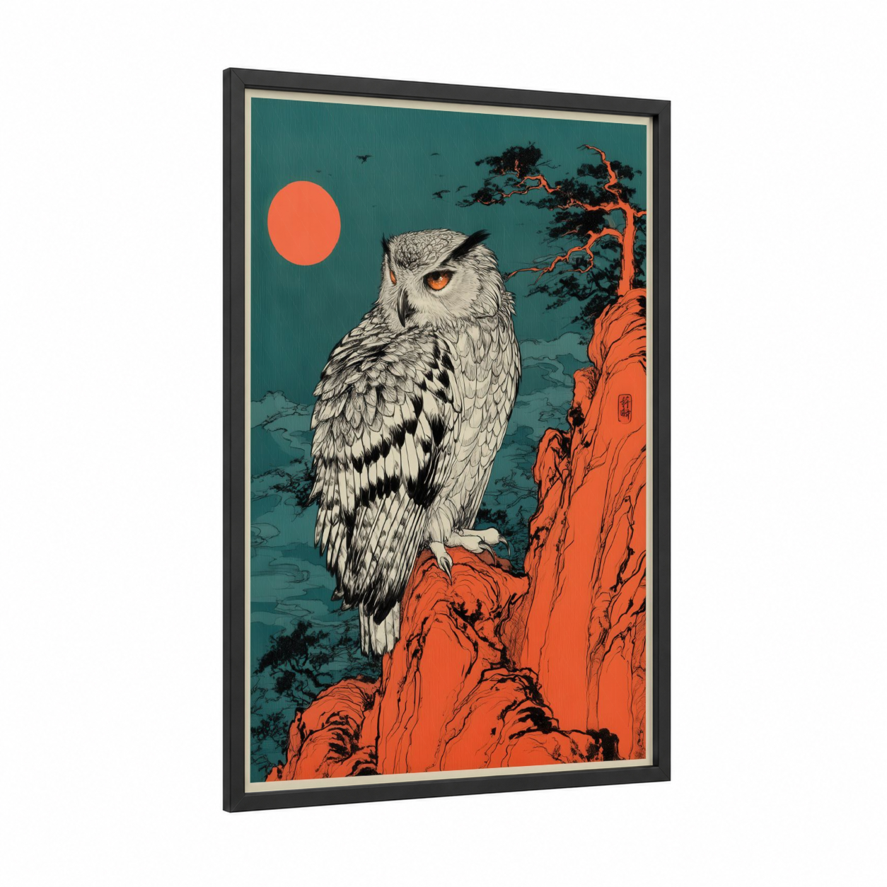 Crimson Moon Owl framed art print — black wood frame — teal and orange palette