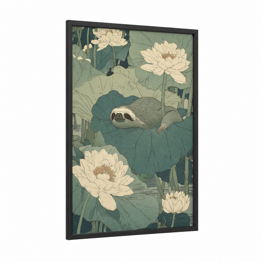 Lotus Sloth framed art print — black wood frame — sage green and cream palette