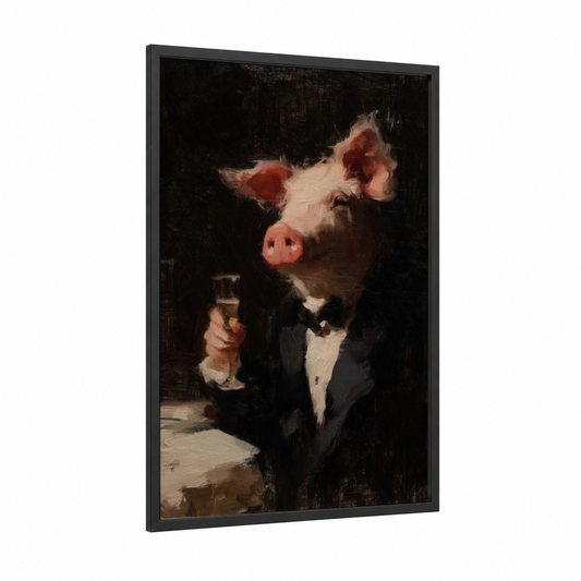 Tuxedo Pig framed art print — black wood frame — black and cream palette