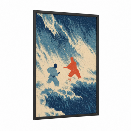 Sparring Silhouettes framed karate print — black wood frame — blue and white and red palette