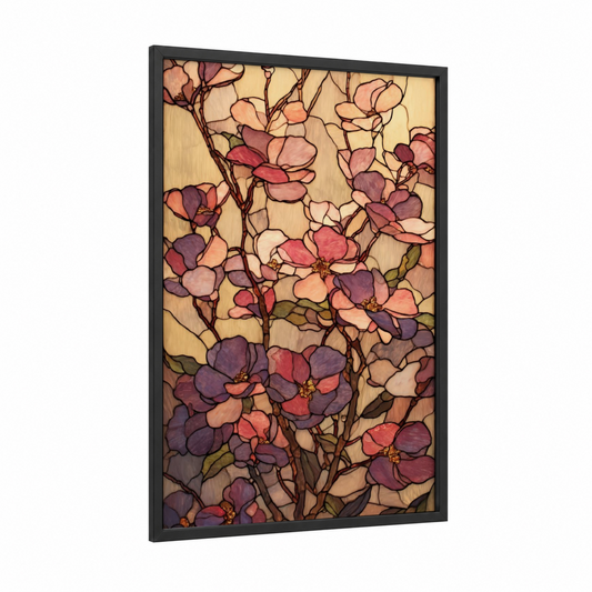 Stained Glass Violets framed art print — black wood frame — purple and cream palette