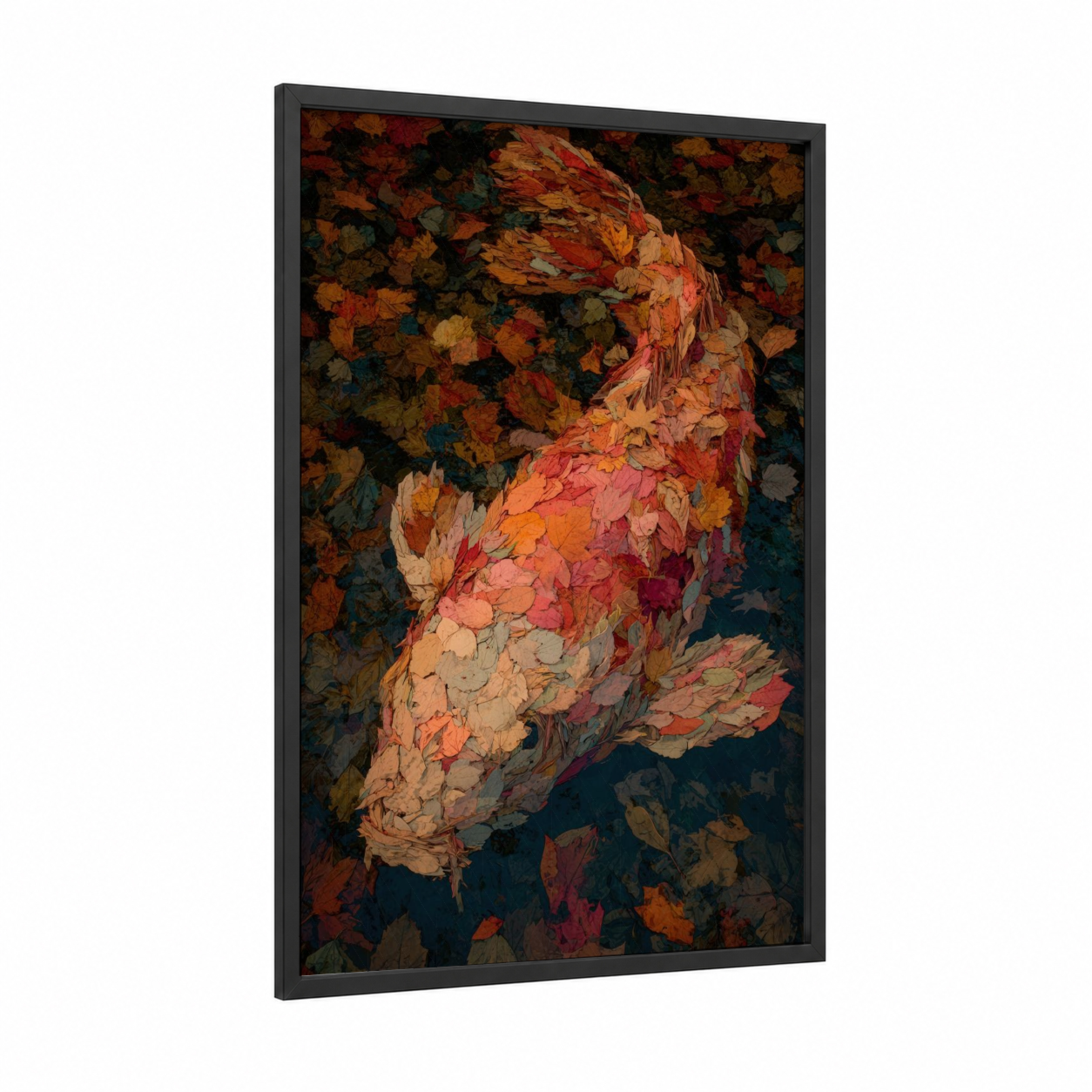 Autumn Koi Fish framed art print — black wood frame — red and gold palette