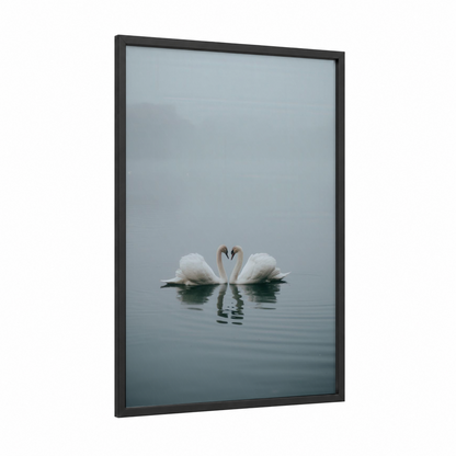 Misty Swan Pair framed art print — black wood frame — gray and white and dove gray palette