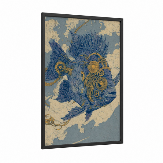 Steampunk Discus framed discus fish print — black wood frame — blue and gold palette