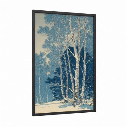 Snowy Birch Forest framed birch tree print — black wood frame — blue and white and blue palette