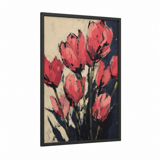 Crimson Tulip Bouquet framed art print — black wood frame — red and cream palette