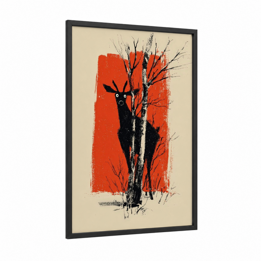 Crimson Reindeer framed art print — black wood frame — red and black and white palette