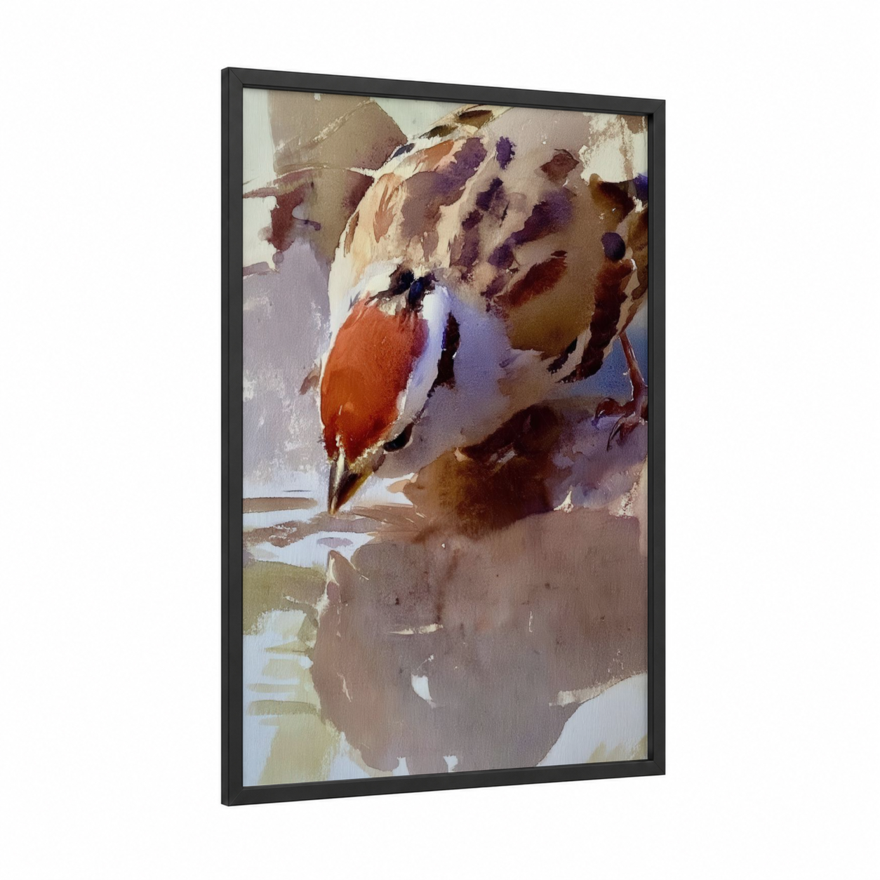 Crimson Finch Portrait framed art print — black wood frame — red and purple palette