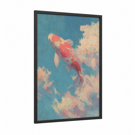 Crimson Koi Dream framed koi fish print — black wood frame — blue and cream palette