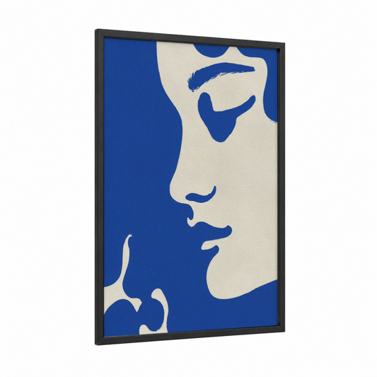 Minimalist Profile Portrait framed fashion illustration print — black wood frame — blue and cream palette