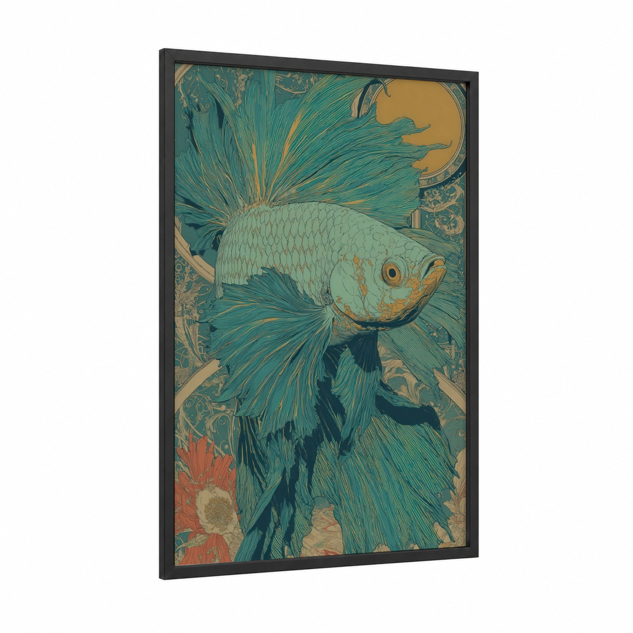 Turquoise Betta Fish framed art print — black wood frame — teal and gold palette