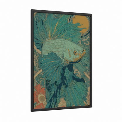 Turquoise Betta Fish framed art print — black wood frame — teal and gold palette